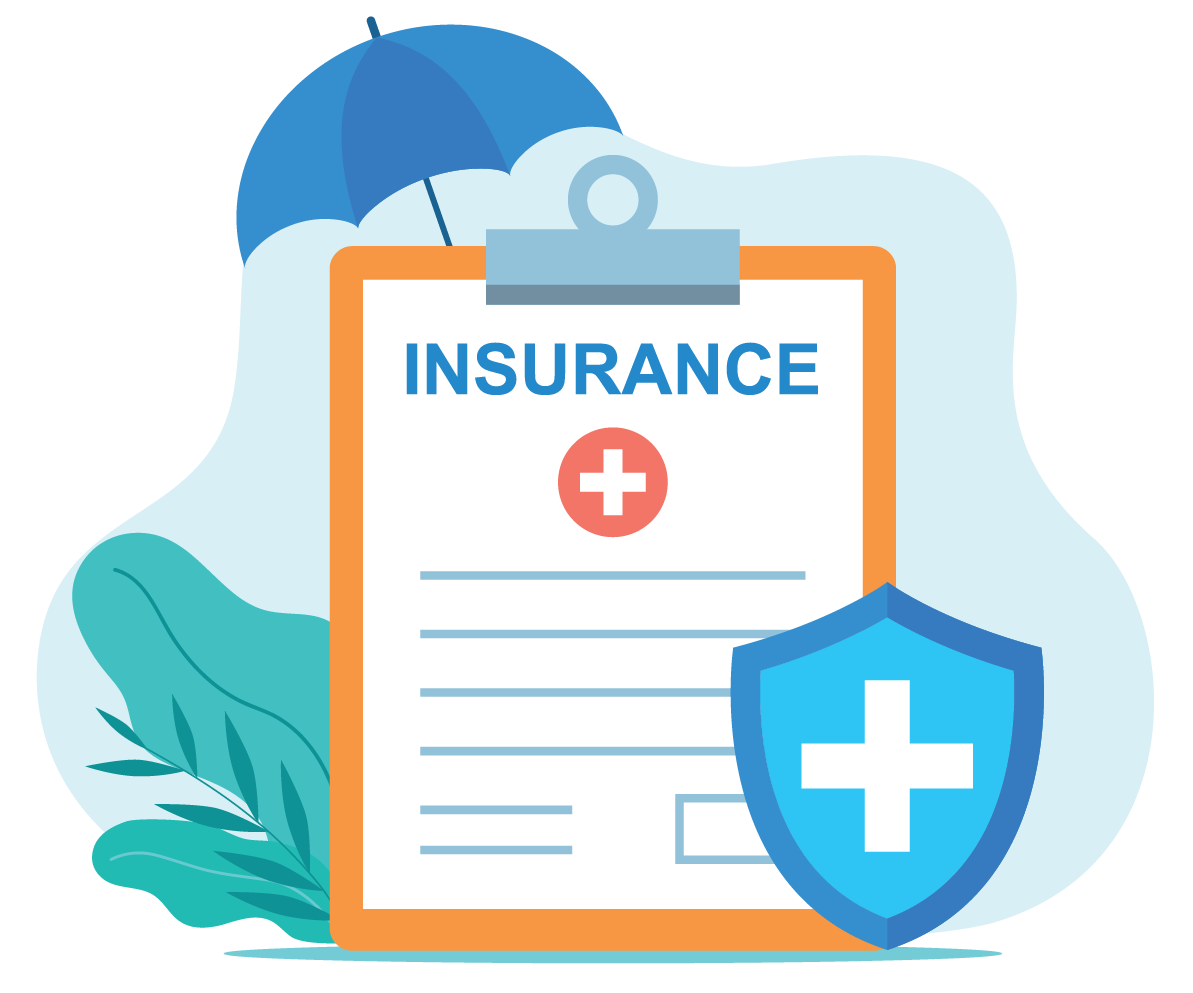 Graphic showing clipboard with word Insurance, umbrella, and security