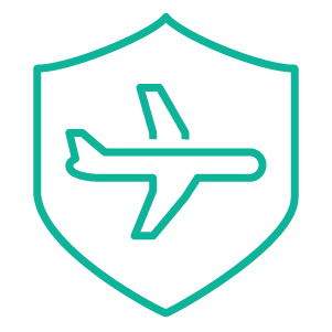 Plane shielded security icon representing travel medical insurance