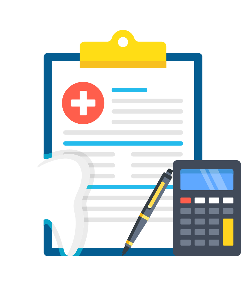 Clipboard, tooth, calculator demonstrating dental insurance