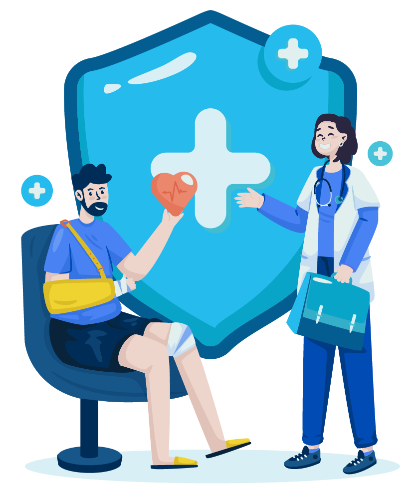 Patient with broken arm and hurt knee talking to doctor in hospital