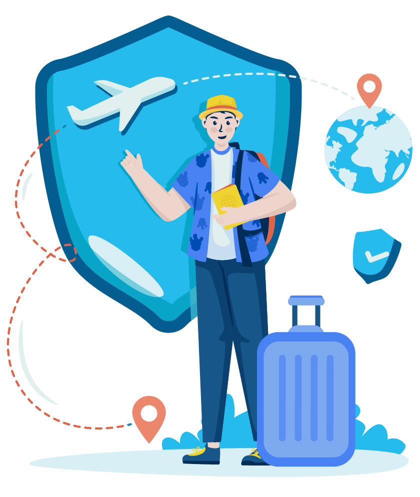 Man traveling internationally, seeing the world getting travel medical insurance in case something goes wrong